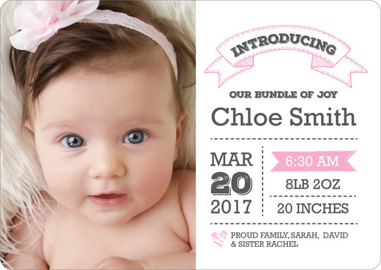 White and Pink Introducing Photo Birth Announcements